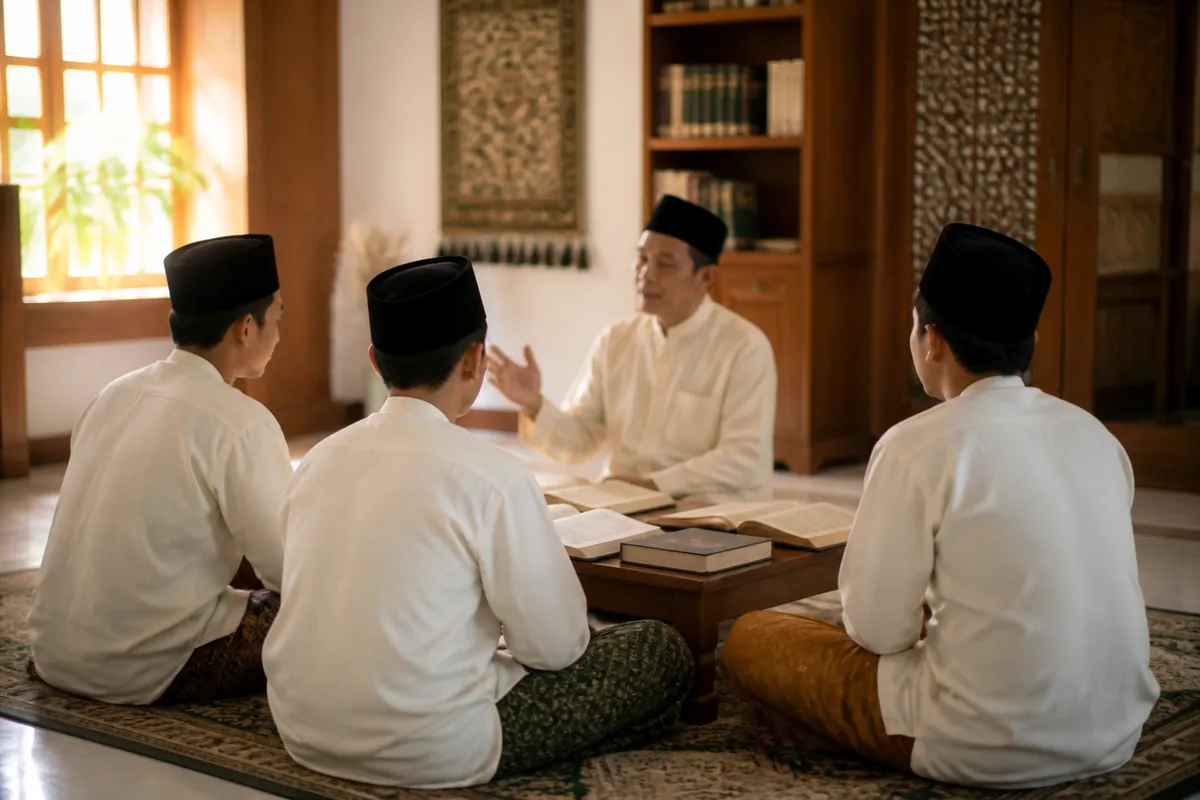 Santri menyimak guru dalam majelis belajar yang tertib