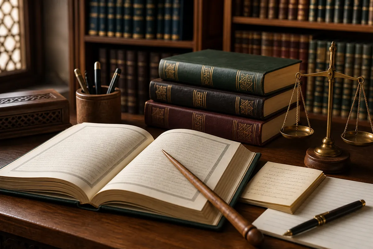 Susunan kitab fikih dasar dan referensi lanjutan di meja belajar