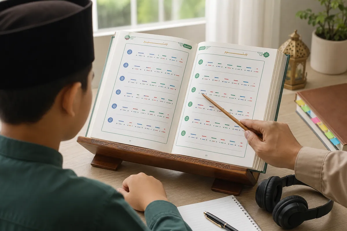 Pemula mempelajari penanda bacaan dengan bimbingan guru